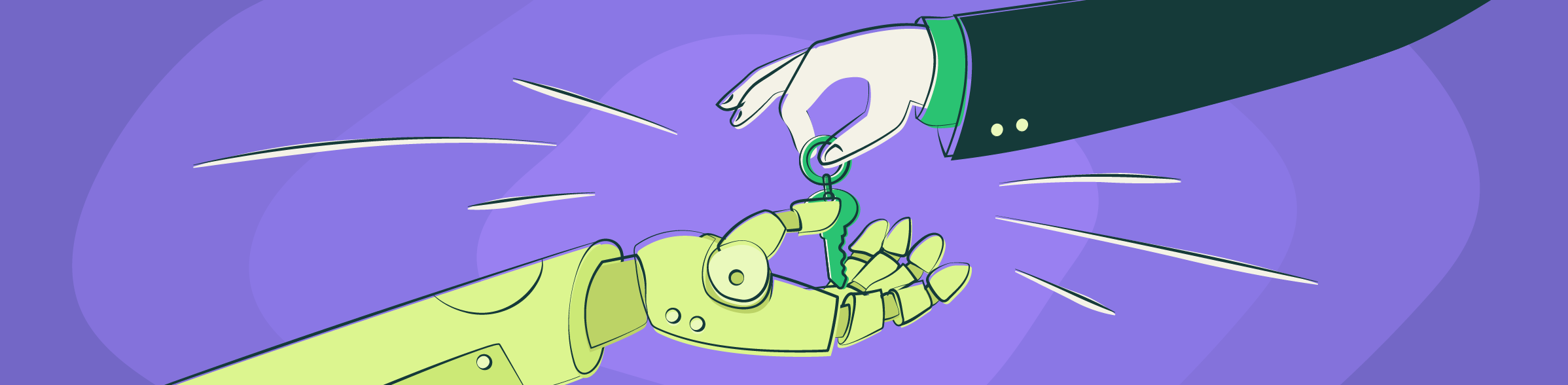AI agent access control – image of human hand handing over key to robotic arm