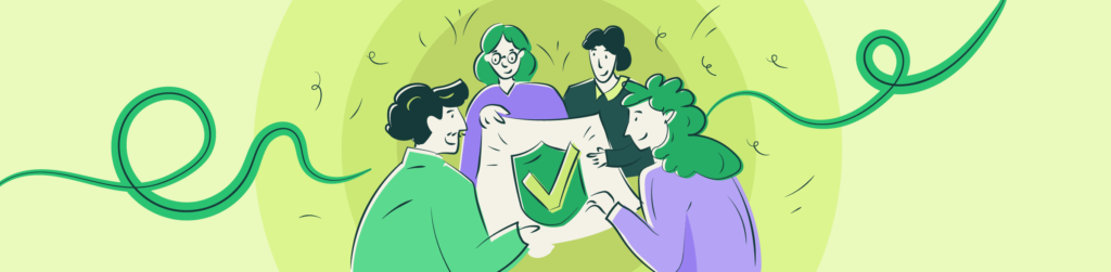 IAM project success –cover image showing a group of people surrounding a green checkmark